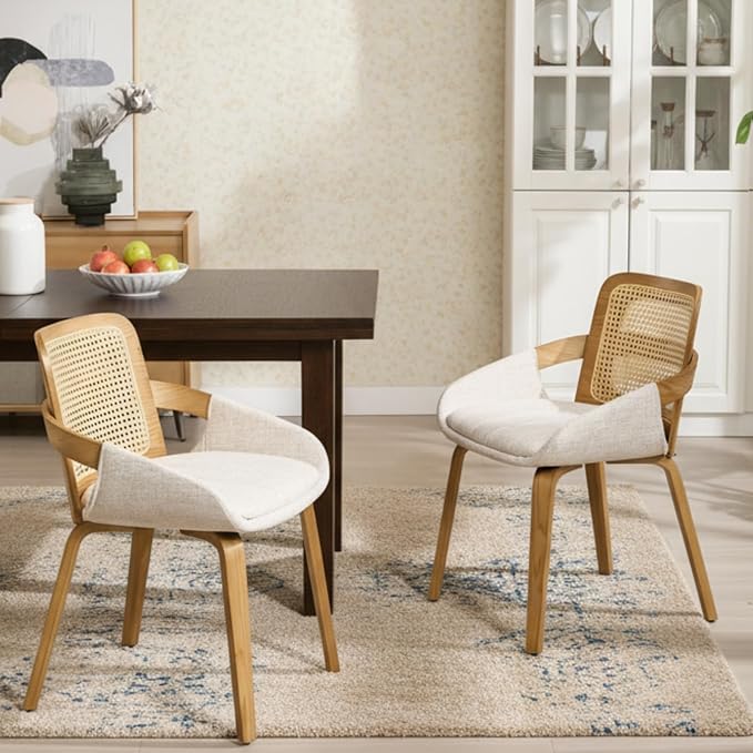 DUOMAY Modern Linen Dining Chairs Set of 4, Cane Back Room Chairs with Solid Wood Legs Kitchen Chairs for Living Room, Restaurant, Beige