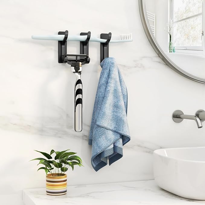 pickpiff Adhesive Wall Coat Hooks - Heavy Duty Stick-On Door Hanger, Metal Hook for Hanging Towel,Purse, Robe, Backpack, Jacket, Clothes - for Bathroom,Dorm, Closet, Kitchen - Black, 2 Pack