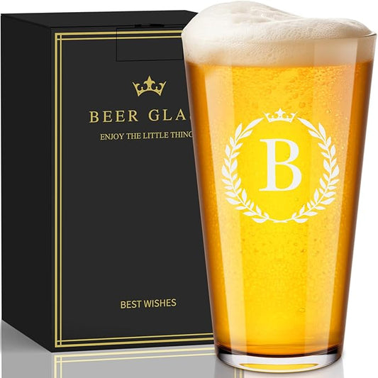 Personalized Beer Glasses Gifts for Men, 16 oz Pint Glasses Monogrammed A-Z Drinking Glass Cups Customized Gift, Unique Christmas Anniversary Birthday Gifts for Men Him Dad Brother Husband Grandpa (B)