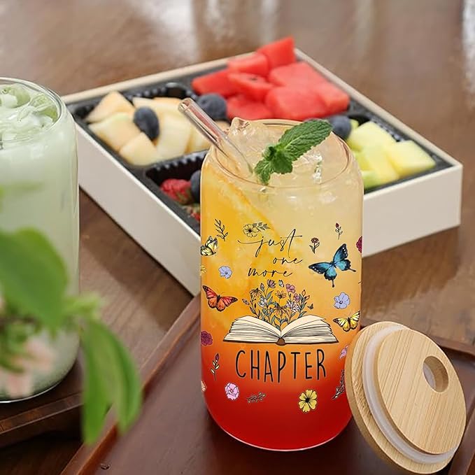 Book Lovers Gifts: 16 oz Glass Cups with Lid and Straw, Floral Butterfly Iced Coffee Can, Just One More Chapter
