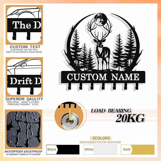 Personalized Deer Forest Key Holder Wall Mount, Custom Metal Key Holder for Wall with Name, Custom Keys Rack Hanger with Hooks for Entryway, Front Door, Hallway, Living Room, Kitchen
