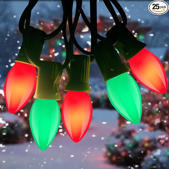 C7 LED Christmas String Lights,25ft LED Outdoor Christmas Light with 27 Red＆Green Bulb(2 Spare),Connectable Red and Green String Lights for Tree Yard Garden Porch Party Decor