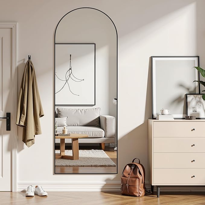 Arched Full Length Mirror, 64"×21" Floor Mirror with Stand, Hanging Mirrors Full Length for Home Decor, Large Mirrors for Bedroom Bathkroom Décor, Black