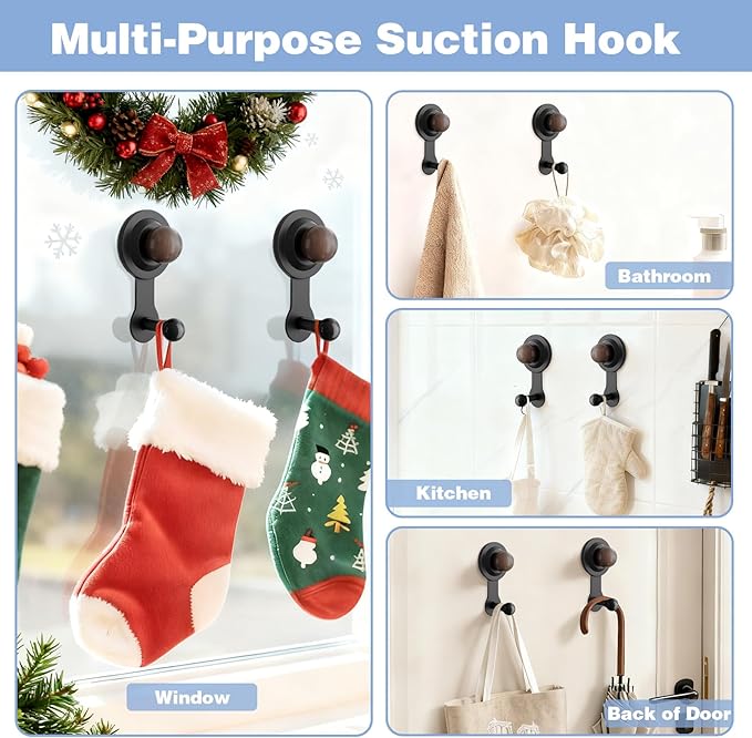 Wreath Hangers for Front Door,Suction Cup Hooks for Shower,Removable No-drill Suction Cup Hook for Door Wreaths/Glass Window/kitchen,Ideal for Holiday/Christmas Door Decoration(2 pcs - 4 suction cups)