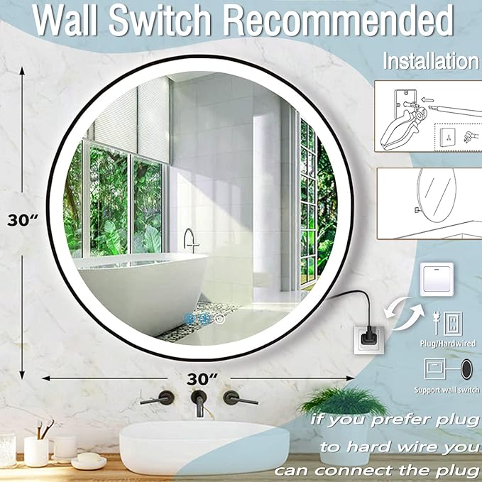 30 Inch Black Frame Bathroom Round Lighted Vanity Mirror with Lights for Bathroom Wall 30 Inch Black Round LED Mirror Antifog 3 Color Dimmable 30" Smart Makeup Light up Circle LED Mirrors