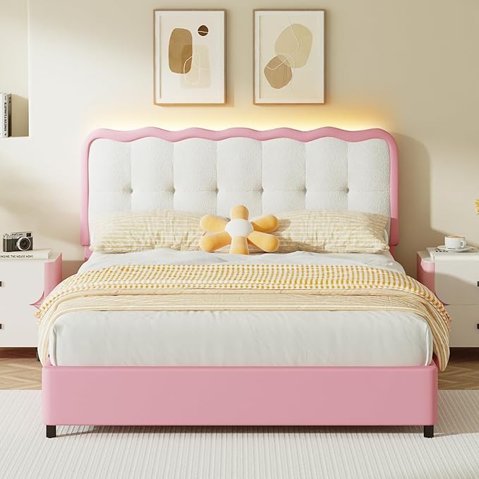BarnFurin Full Size Bed Frame with LED Lights, Full Bed Frame with Headboard LED Lights, Upholstered Platform Bed with Cloud Headboard, No Box Spring Required, Easy Assembly, Pink