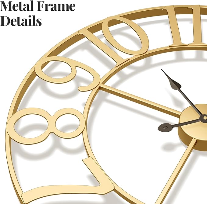 Gold Wall Clock 16 Inch, Decorative Wall Clocks Battery-Operated, Modern Metal Round Clock Silent Non Ticking Arabic Numerals for Living Room Kitchen Mantel Bedroom Office, Gold Wall Decor