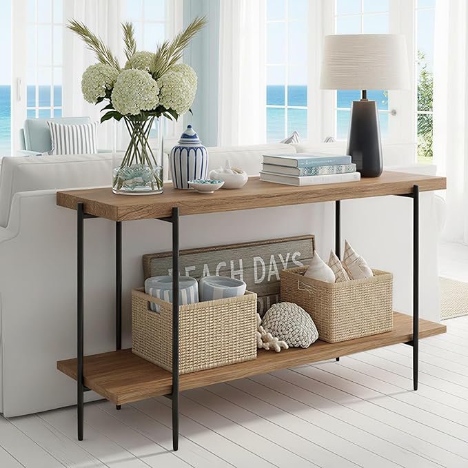 31.5” Console Table Narrow for Entryway with 2 Tier Storage Shelves, Solid Wood Industrial Entrance Sofa Table Behind Couch for Hallway, Foyer, Living Room(47.2"x11.8"x31.5")