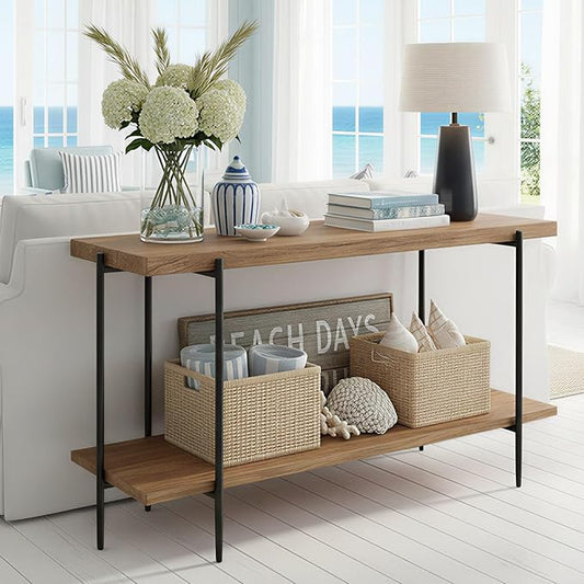 31.5” Console Table Narrow for Entryway with 2 Tier Storage Shelves, Solid Wood Industrial Entrance Sofa Table Behind Couch for Hallway, Foyer, Living Room(47.2"x11.8"x31.5")