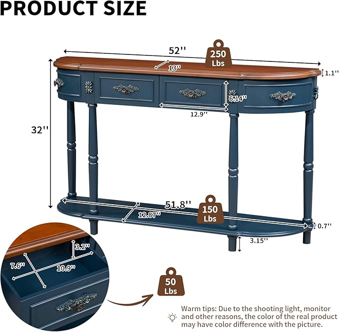 HMFULE Retro Curved Console Table, 52" Half Moon Sofa Entryway With 2 Drawers 1 Open Shelf, Solid Pine Legs for Living Room, Hallway, Navy Blue