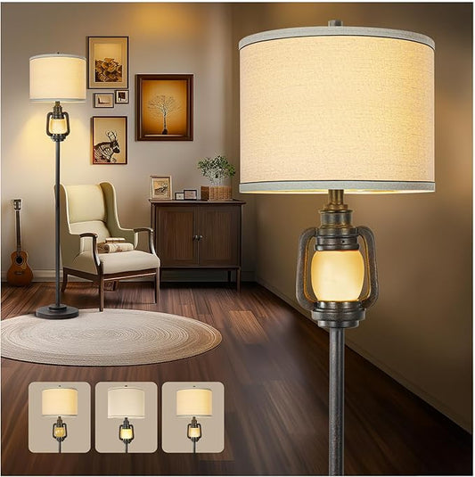 Floor Lamp for Living Room Vintage Standing Lamp with Linen Fabric Hardback Shade Industrial Tall Lamp With Night Light Decor for Living Room, Bedroom,Study, Home Office (Bulb Included)