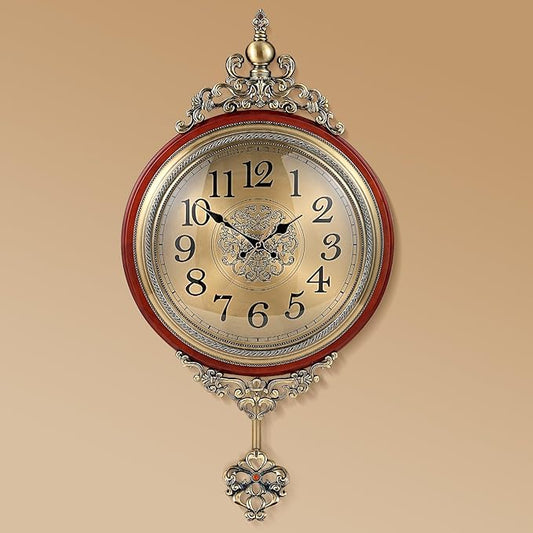 Vintage Wall Clock with Pendulum, 14 Inch Dial Diameter, 26.8 Inch Overall Height, Large Retro Metal and Glass Silent Clock for Living Room, Antique Wood Pendulum for Dining Room Office Home Decor