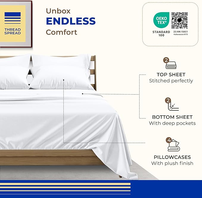 THREAD SPREAD 100% Egyptian Cotton Queen Size Sheet Set Pack of 2-High Thread Count Queen Size Sheets Set, (White), 16" Deep Pocket, Cooling Sateen Weave Ultra Luxury Bedsheets