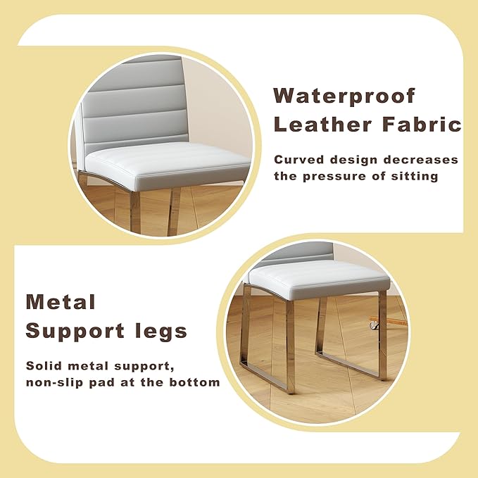 Modern Dining Chairs Set of 4, White Faux Leather Kitchen Chairs, Upholstered Armless Dining Room Chair with Gold Mental Legs Heavy Duty, Comfortable (Grey Chiars, Set of 6)