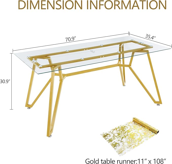 71 inch Glass Dining Table for 4 6 8, Modern Rectangular Kitchen Table and Table Runner, Clear Tempered Glass Tabletop and Gold Metal Legs Dining Room Dinner Table for Kitchen,Living Room, Offices
