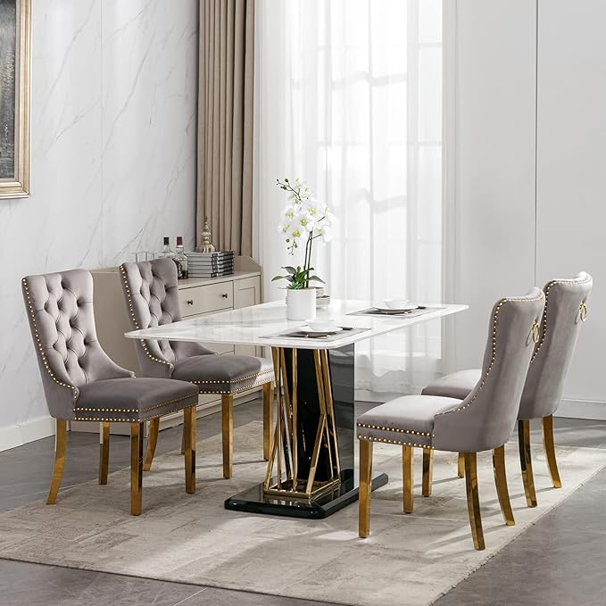 Luxury Upholstered Dining Chairs Set of 6, Grey Kitchen Chair with Golden Metal Legs, Velvet Tufted Back Dining Chair, Sillas de Comedor, Modern Kitchen & Dining Room Chairs (Gray, 6 Pcs)