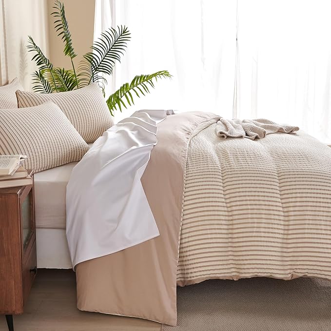 Comforter King Set Beige Striped Soft Luxury Washed Microfiber Jacquard 3 Pieces Bedding, White Beige Vertical Ticking Stripes Pattern Comforter with 2 Pillowcases Breathable Durable Comfy