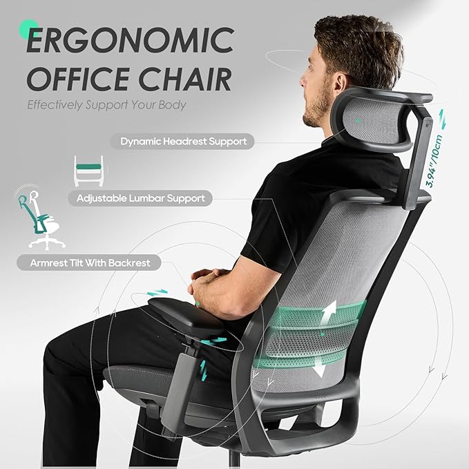 COLAMY Ergonomic Office Chair, High Back Computer Executive Desk Chair with Lumbar Support, Adjustable Headrest and 4D Arms, Slide Seat-BlackGrey