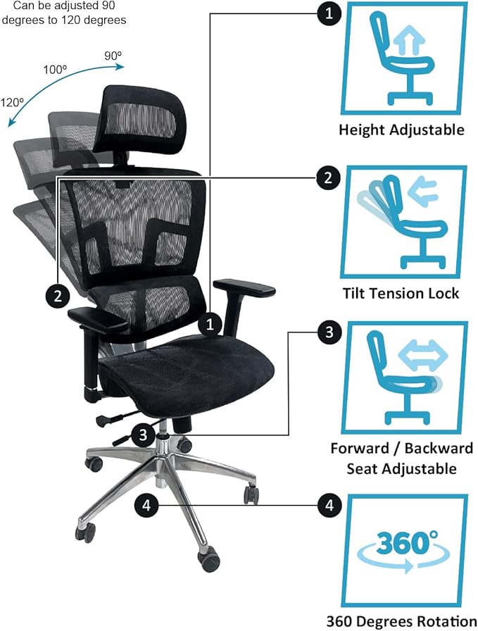 ErgoMax 53 in Tall Gray Ergonomic Adjustable Office Chair w/Aluminum Back and Base, Ergonomic Chair with Headrest and Lumbar Support
