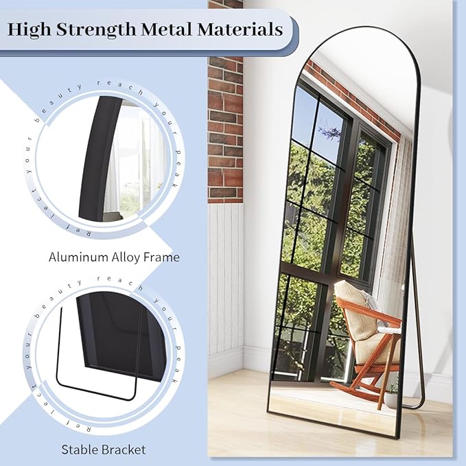 BEAUTYPEAK 64"x21" Arch Floor Mirror, Full Length Mirror Wall Mirrors Hanging or Leaning Arched-Top Full Body Mirror with Stand for Bedroom, Dressing Room, Black