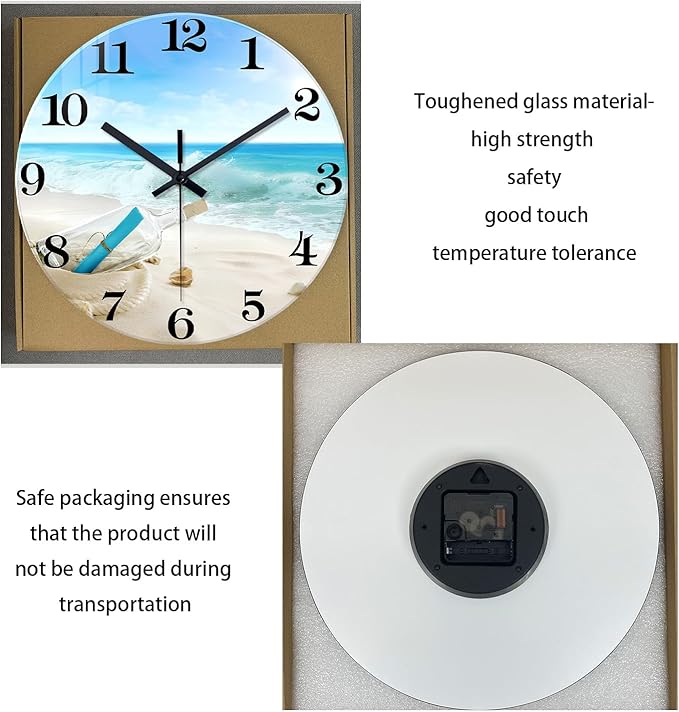 XNM Glass Large Wall Clocks for Living Room Decor 20 Inch Blue Beach Clock Non Ticking Battery Wall Clock Modern