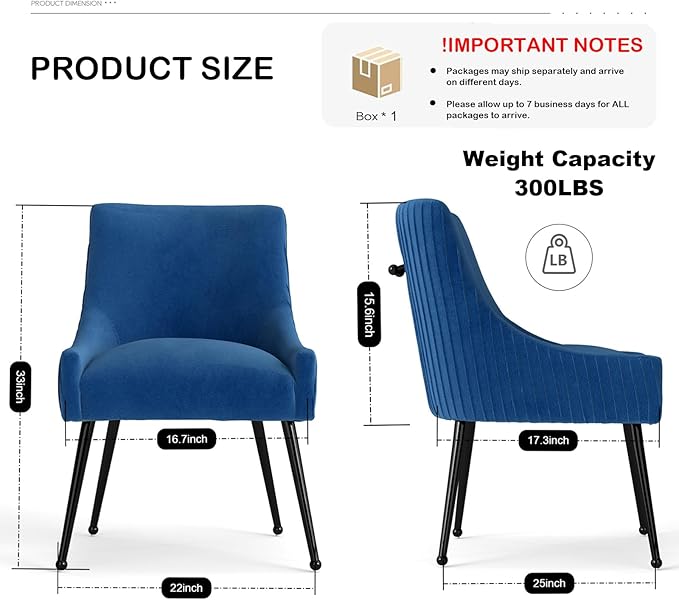 Velvet Dining Chairs Set of 2,Blue Upholstered Living Room Chairs with Black Metal Legs, Modern Tufted Accent Chairs for Living Room, Study Room, Kitchen