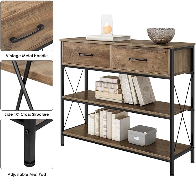 HITHOS Industrial Console Table with Drawers, Vintage Hallway Foyer Table with Storage Shelves, Narrow Long Sofa Entryway Table for Living Room, Rustic Brown