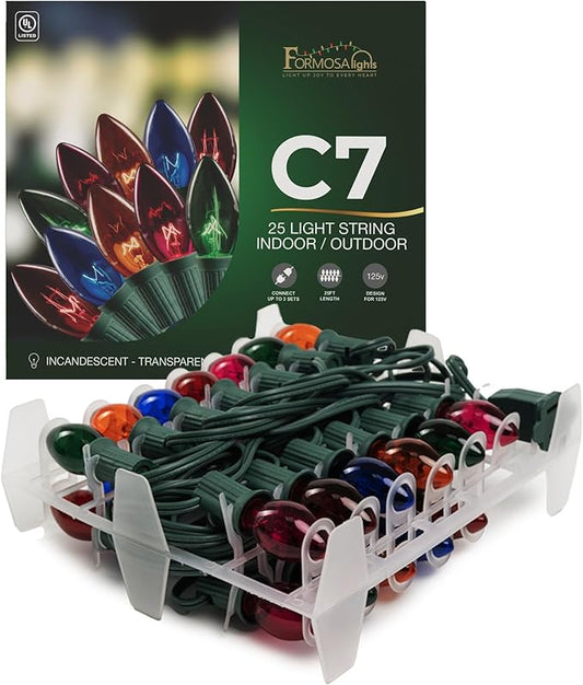 C7 26ft Indoor/Outdoor Transparent Multicolor Incandescent Christmas String Lights with 25 Bulbs | 120V, 5W