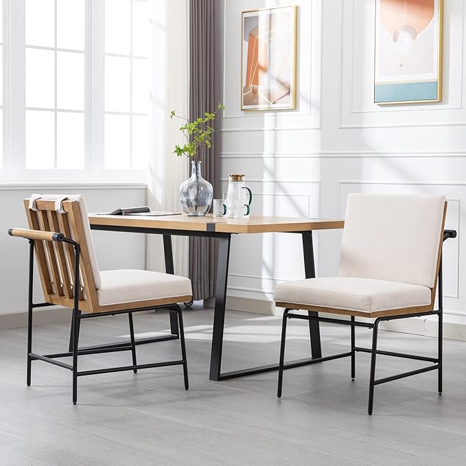 DUOMAY Mid-Century Modern Dining Chairs Set of 2, Linen Upholstered Side Chair with Rear Handle, Armless Chair with Metal Legs for Kitchen Dining Room Living Room Vanity, White