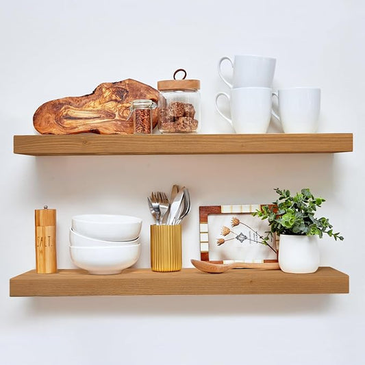 Homeforia 30 inch Golden Oak Floating Shelf, High End Solid Real Wood 30inch Small Floating Shelves for Wall Mounted, Oak Wooden 30in Floating Shelves, Heavy Duty Bracket, 30 X 6.5 X 1.75 in, Set of 2