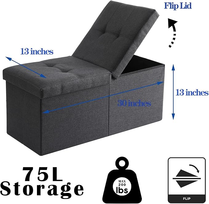 CUYOCA Storage Ottoman Bench Foldable Seat Footrest Shoe Bench End of Bed Storage with Flipping Lid, 75L Storage Space, 30 inches Linen Fabric Navy