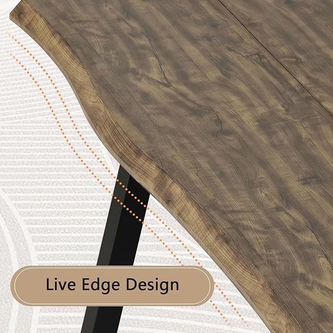 70" L Farmhouse Dining Table for 4-6, Natural Live Edge Tabletop, Large Modern Wood Kitchen Table with Metal Legs, Rectangle Rustic Dining Room Furniture, Easy Assembly & Clean (Brown, Only Table)