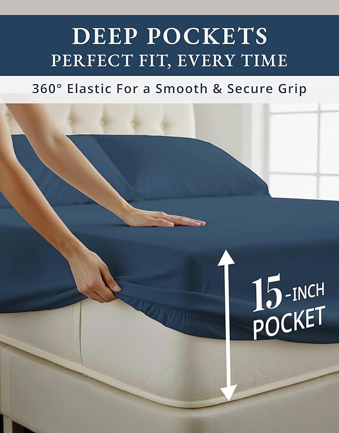 LANE LINEN 100% Egyptian Cotton Split King Sheets for Adjustable Beds, Long Staple Mercerized Bedding Sheets, Luxury Hotel Like Thick 15 inch Deep Pocket Reinforced French Seams - Estate Blue