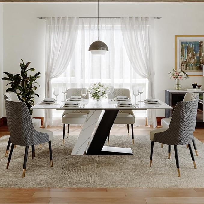 POVISON 71" Luxury Modern Dining Table for 6, Sintered Stone Dining Table Top with Z-Shaped Stainless Steel Pedestal, Rectangle Dining Room Table (Table Only)