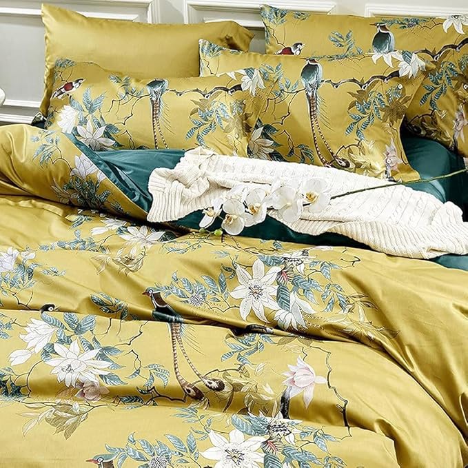 Birds Floral Duvet Cover Set Full Size Flower Bird Pattern Boho Duvet Cover Cotton Vintage Floral Bedding Set Garden Style Gold Yellow Comforter Cover Farmhouse Bedding Cover with 2 Pillowcases