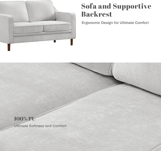 Kingfun 56" Chenille Sofa, Loveseat Couch, Mid Century Modern Love Seat Couches with Solid Wood Frame for Living Room & Bedroom, Silver Gray
