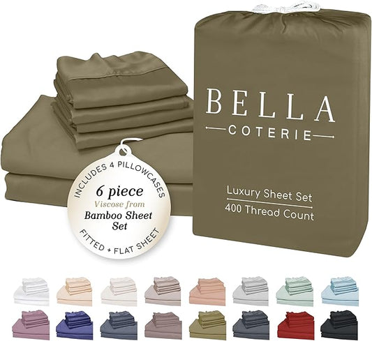 Bella Coterie 6 Piece Luxury Bamboo Viscose Queen Size Sheet Set | 100% Organically Grown | Cooling for Hot Sleepers | 18" Deep Pocket | Soft & Hypoallergenic | 4 Pillowcases [Olive]