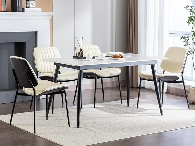 Dining Chairs Set of 4, Mid Century Modern Accent Dining Room and Kitchen Chairs, Upholstered PU Leather Vertical Stripe Chairs for Vanity with Walnut Bentwood and Metal Legs, Beige