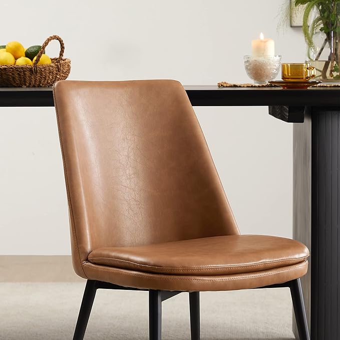CHITA Mid-Century Padded Dining Chair, Modern Upholstered Faux Leather Dining Room Chair Set of 2 with Metal Legs,Saddle Brown