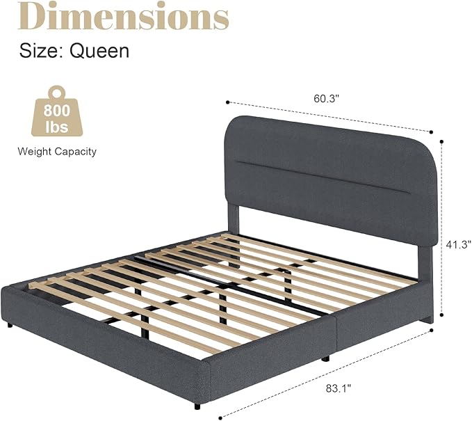 HOMBCK Queen Bed Frame with Headboard, Boucle Upholstered Soft Platform Bed Frame Queen Size with Thickened Footboard, Rounded Corners Design, No Box Spring Required, Easy Assembly, Grey