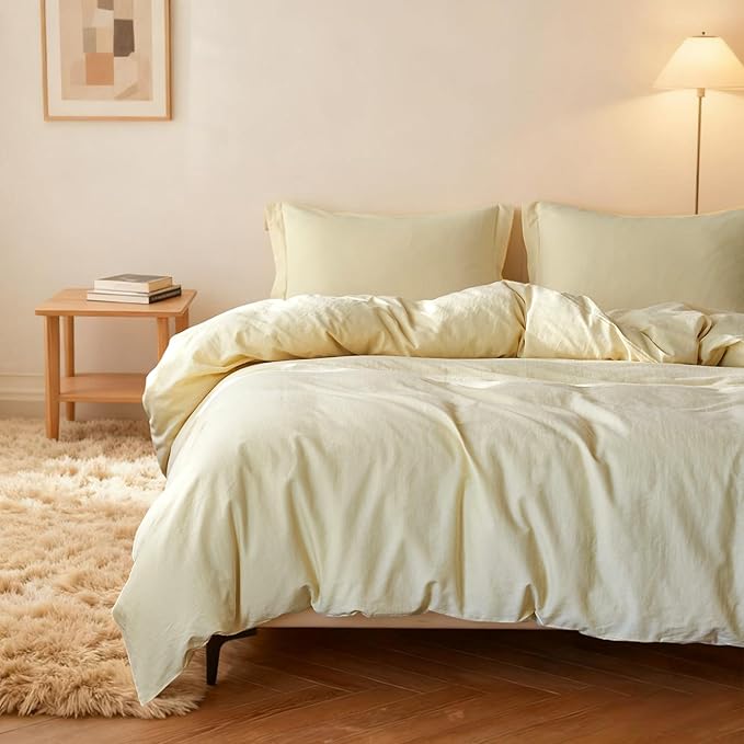 Simple&Opulence French Linen Duvet Cover Set - Full Size(78" x 86")- 3 Pieces (1 Comforter Cover,2 Pillowcases)- Natural Flax Cotton Blend-Solid Color Breathable Farmhouse Bedding-Pale Yellow
