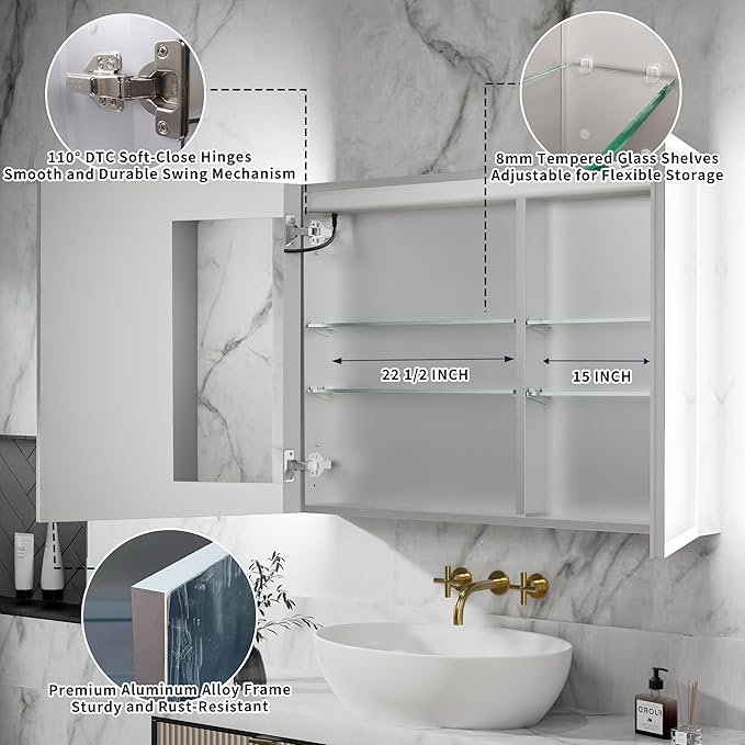 GroGro LED Lighted Bathroom Medicine Cabinet with Mirror,40" W x 30" H Medicine Cabinet with Lights,Surface or Recessed Mounting,Defog,Dimming,3-Color Temperature Adjustment