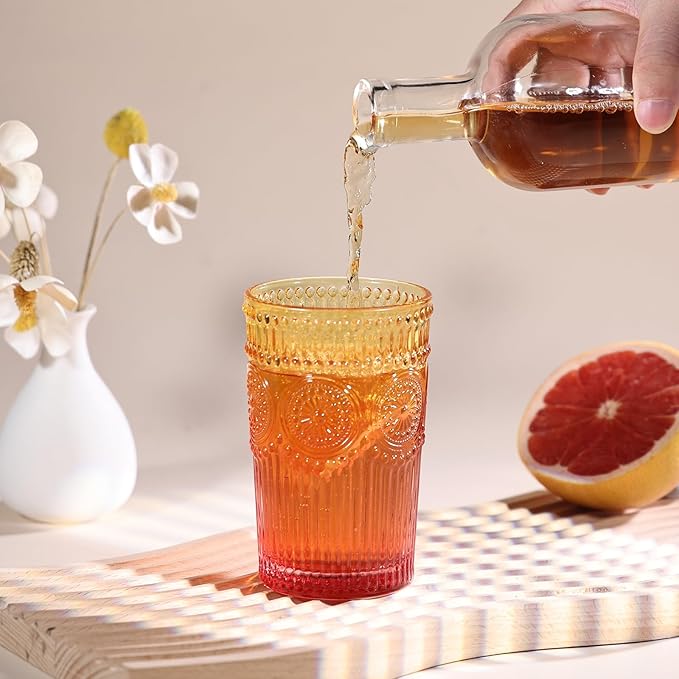 6pcs Vintage Drinking Glasses Set, 12 oz Glass Cups, Embossed Ribbed Christmas Glassware Water Tumblers for Cocktail, Water, Juice, Milk, Whiskey