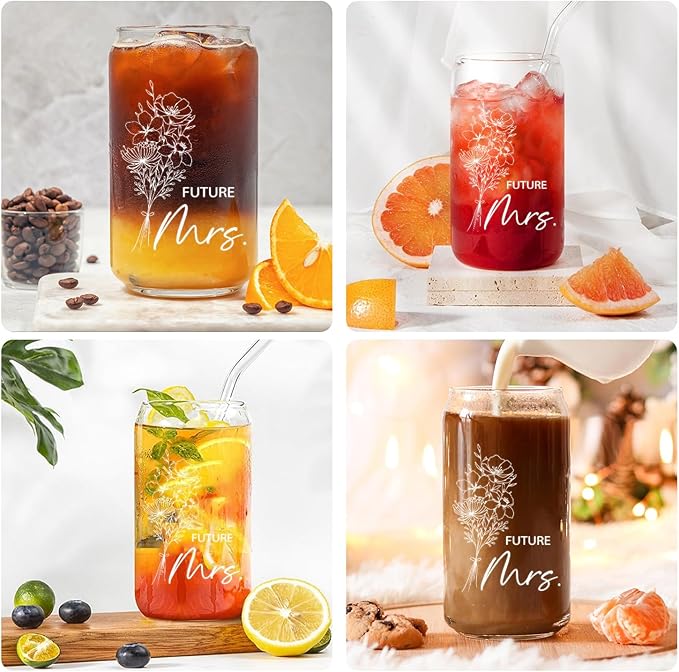 Engagement Gifts for Women, Bride To Be Gifts - Future Mrs Cup 16oz Glass Cup with Lid and Straw