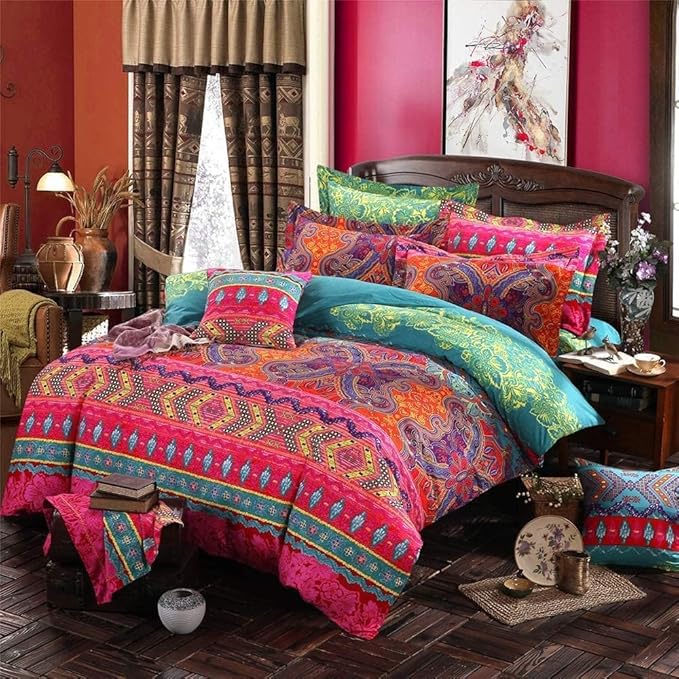 Boho Full Size Comforter Set Soft Chic Boho Comforter Set 3 Pieces Lightweight Exotic Yellow Orange Bohemian Mandala Colorful Retro 1 Boho Comforter and 2 Pillowcases for All Seasons