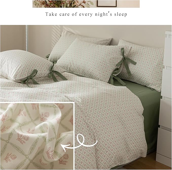 Pink Floral Duvet Cover Twin Chic Plaid Grid Duvet Cover 100% Cotton Floral Cottagecore Bedding Set for Girls Women Vintage Country Bedding Blooming Flower Comforter Cover with 2 Bowknot Pillowcases
