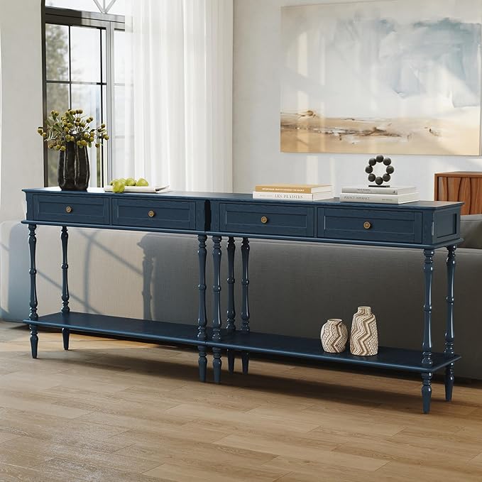 ARTPOWER Console Table for Entryway with 2 Drawers-Minimal Assembly,Blue Retro Entryway Table with Storage Cabinets and Open Shelf,Narrow Long Couch Table Behind Sofa for Living Room,Foyer,Hallway