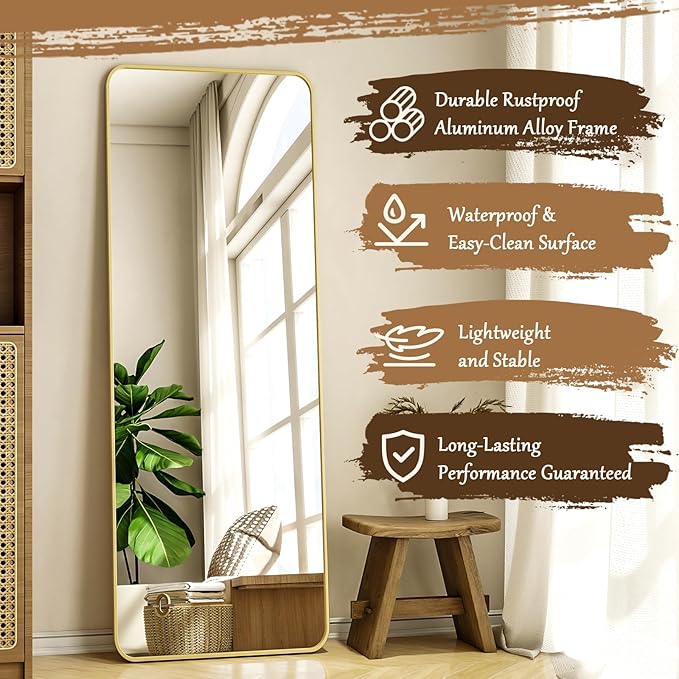 56"x21" Floor Full Length Mirror Standing Full Body Rounded Corner Rectangle Mirrors with Stand Hanging Wall Mounted Leaning Bedroom Living Room Bedroom Cloakroom,Gold
