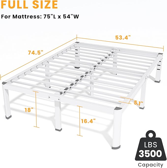 18 Inch Full Size Metal Bed Frame with Round Corners, Storage Space Under High Bed Frame-Heavy Duty Steel Slats Support, Noise Free - Easy Assembly - No Box Spring Needed,White