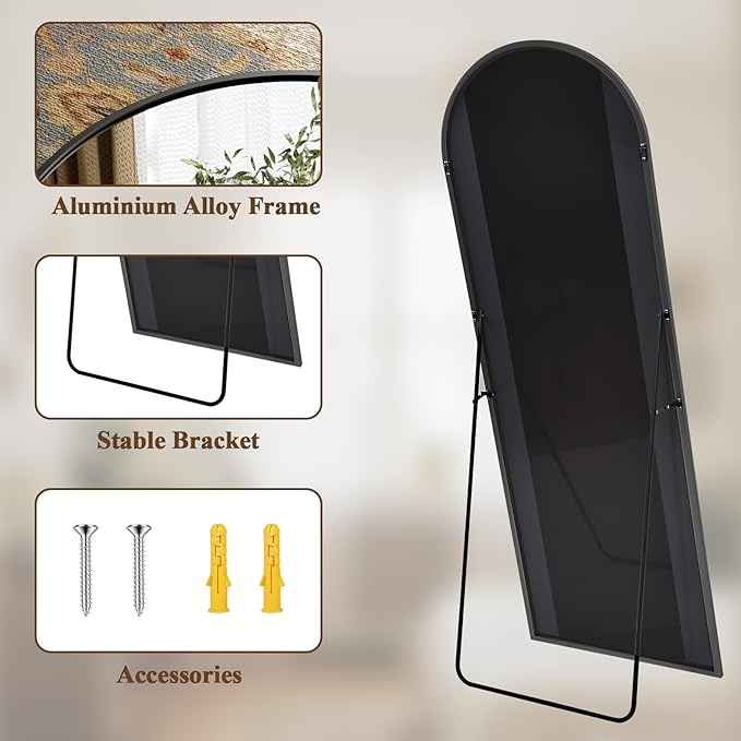 Full Length Mirror 67"x23" - Arched Floor Mirror with Aluminum Frame,Standing Body Mirror Leaning Hanging for Bedroom Cloakroom Living Room Black